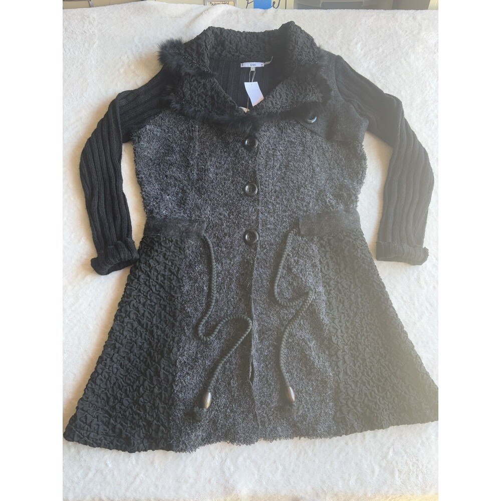 New Sioni Wool Blend Longline Cardigan 😁Goth Fairy Duster Rabbit Fur Trim Sz M